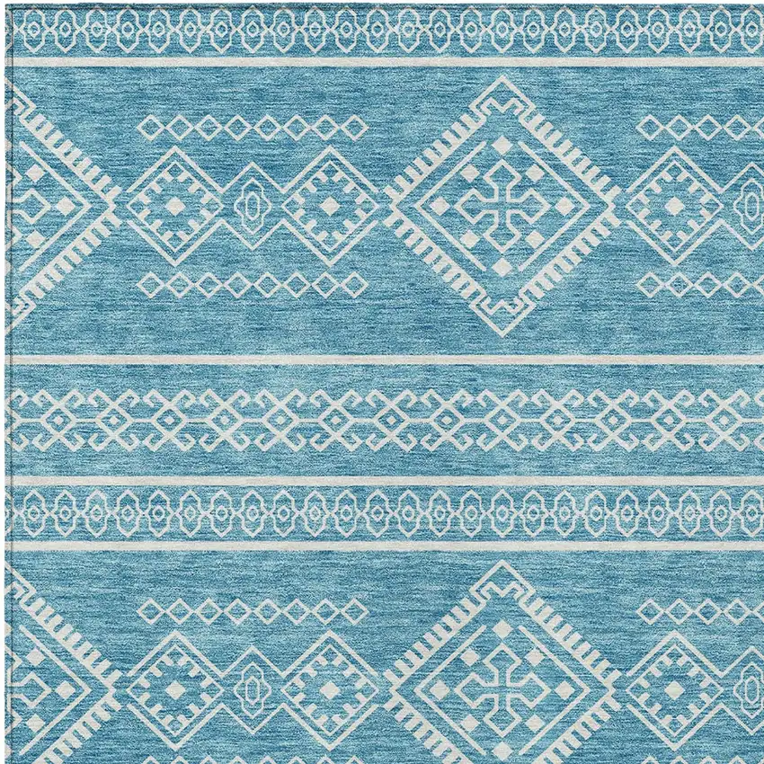 Teal Blue And Ivory Southwestern Washable Indoor Outdoor Area Rug Photo 6