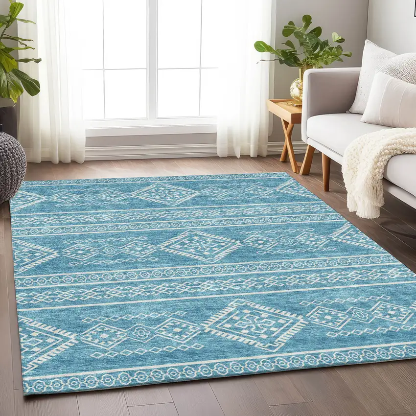 Teal Blue And Ivory Southwestern Washable Indoor Outdoor Area Rug Photo 9