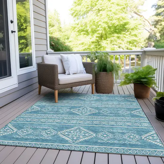 Teal Blue And Ivory Southwestern Washable Indoor Outdoor Area Rug Photo 8