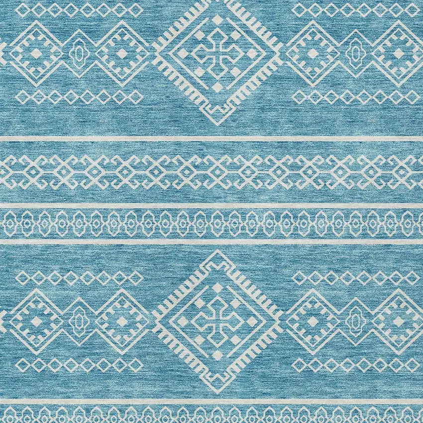 Teal Blue And Ivory Southwestern Washable Indoor Outdoor Area Rug Photo 6