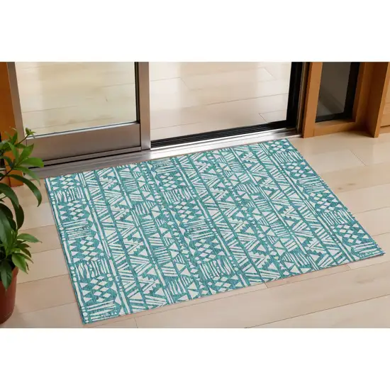 Teal Blue And Ivory Southwestern Washable Indoor Outdoor Area Rug Photo 1