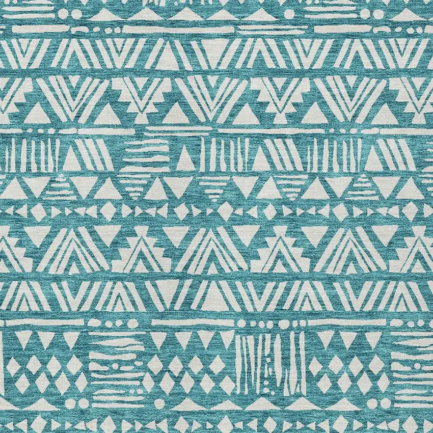 Teal Blue And Ivory Southwestern Washable Indoor Outdoor Area Rug Photo 5