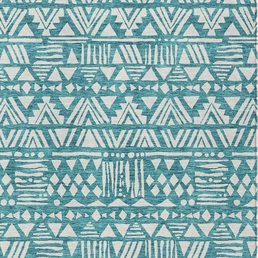 Teal Blue And Ivory Southwestern Washable Indoor Outdoor Area Rug Photo 5