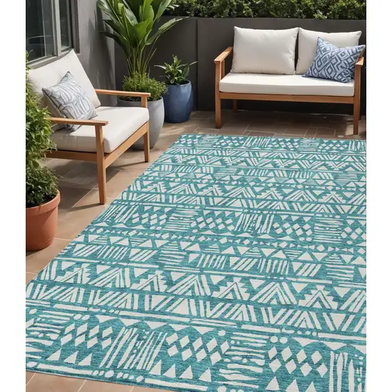 Teal Blue And Ivory Southwestern Washable Indoor Outdoor Area Rug Photo 1