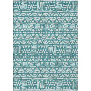 Photo of Teal Blue And Ivory Southwestern Washable Indoor Outdoor Area Rug