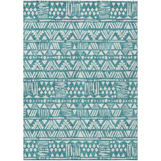 Teal Blue And Ivory Southwestern Washable Indoor Outdoor Area Rug Photo 2