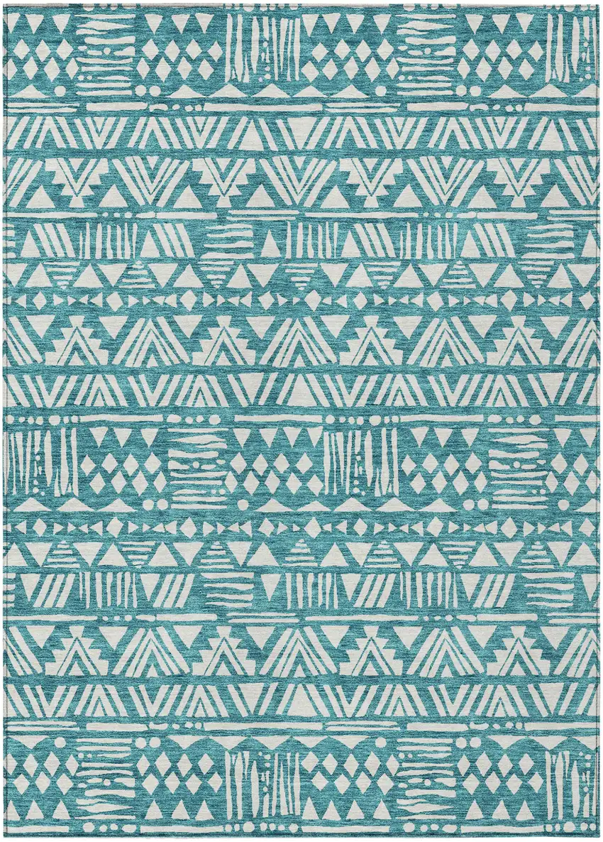 Teal Blue And Ivory Southwestern Washable Indoor Outdoor Area Rug Photo 2