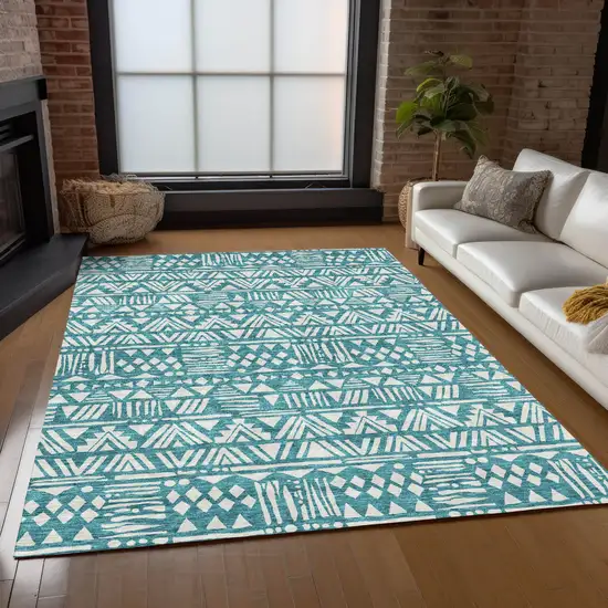 Teal Blue And Ivory Southwestern Washable Indoor Outdoor Area Rug Photo 9