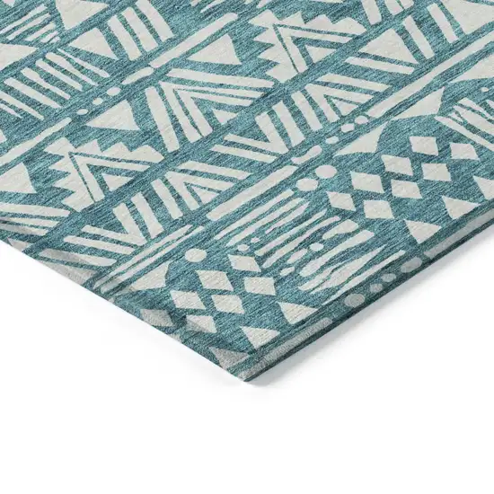 Teal Blue And Ivory Southwestern Washable Indoor Outdoor Area Rug Photo 4