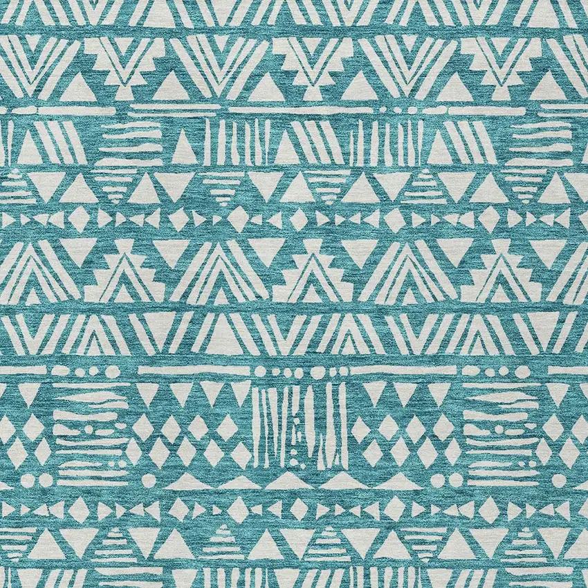 Teal Blue And Ivory Southwestern Washable Indoor Outdoor Area Rug Photo 5