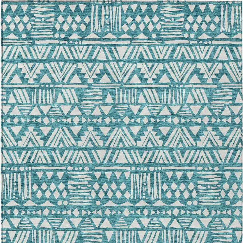Teal Blue And Ivory Southwestern Washable Indoor Outdoor Area Rug Photo 6