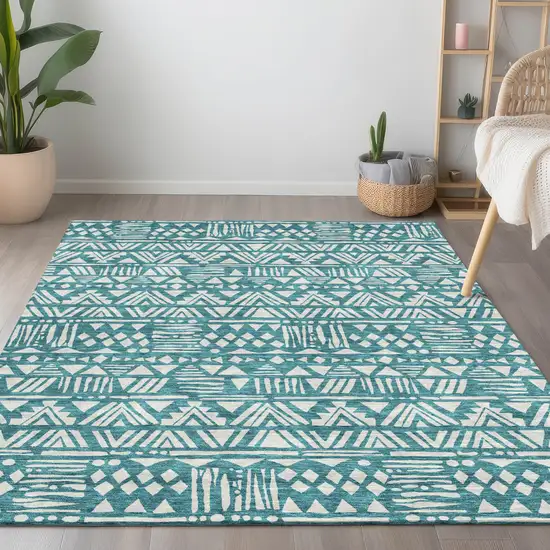 Teal Blue And Ivory Southwestern Washable Indoor Outdoor Area Rug Photo 8