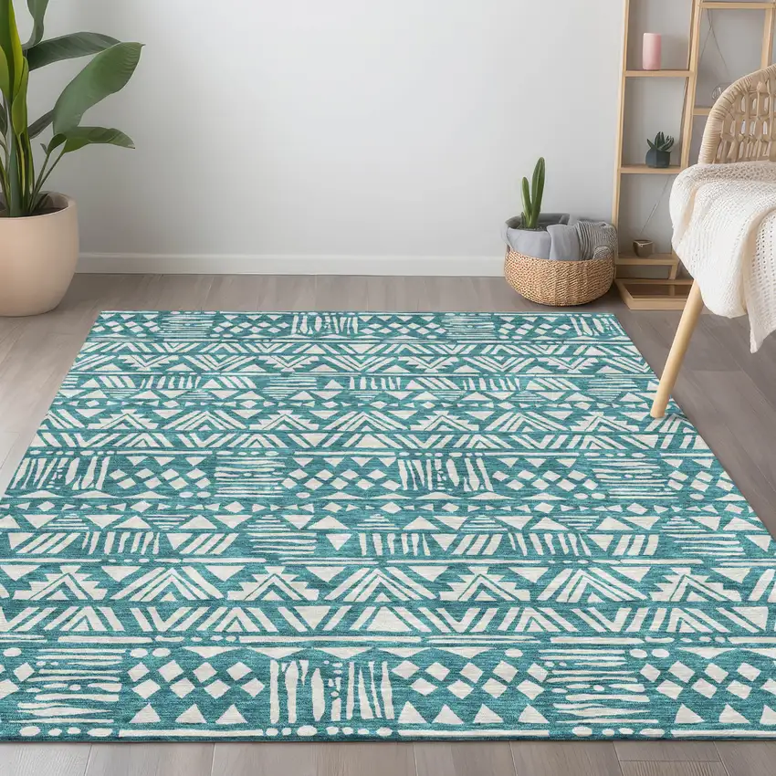 Teal Blue And Ivory Southwestern Washable Indoor Outdoor Area Rug Photo 8