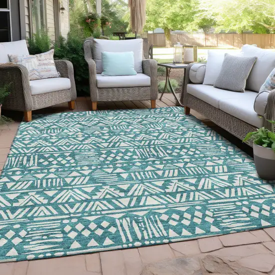 Teal Blue And Ivory Southwestern Washable Indoor Outdoor Area Rug Photo 7