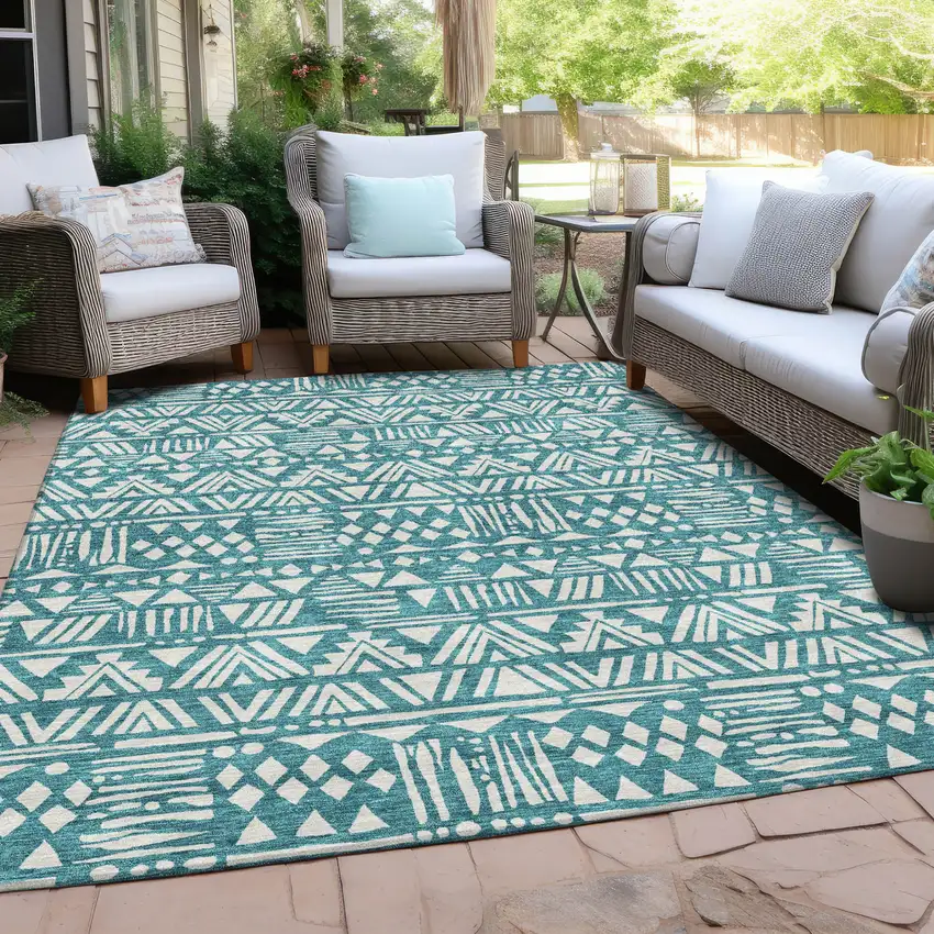 Teal Blue And Ivory Southwestern Washable Indoor Outdoor Area Rug Photo 7