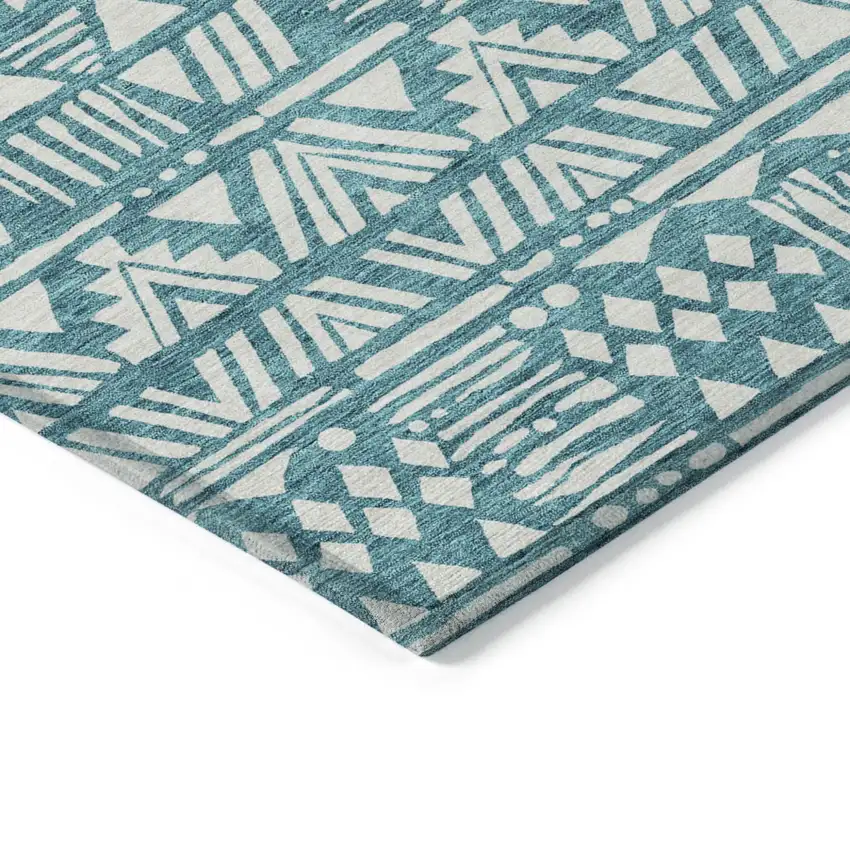 Teal Blue And Ivory Southwestern Washable Indoor Outdoor Area Rug Photo 4