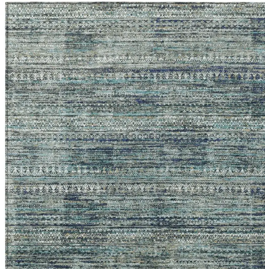 Teal Blue And Ivory Striped Washable Indoor Outdoor Area Rug Photo 3