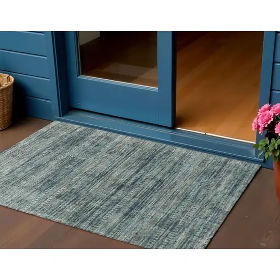 Teal Blue And Ivory Striped Washable Indoor Outdoor Area Rug Photo 2