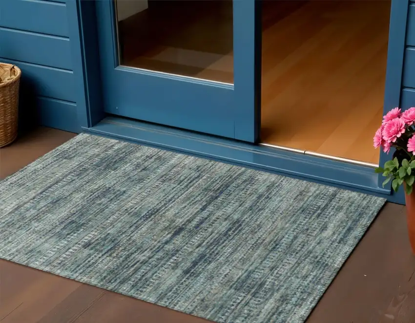 Teal Blue And Ivory Striped Washable Indoor Outdoor Area Rug Photo 2