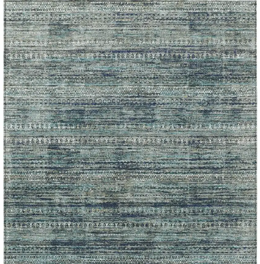 Teal Blue And Ivory Striped Washable Indoor Outdoor Area Rug Photo 4