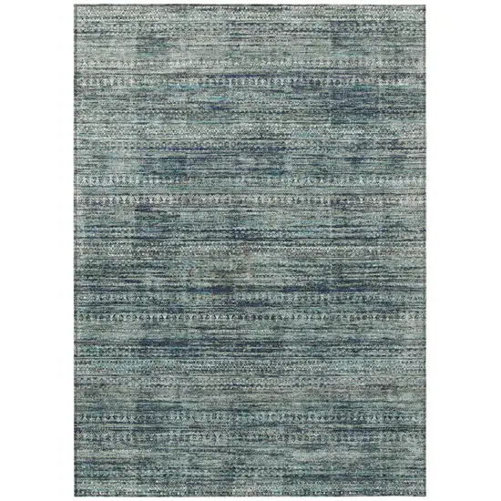 Teal Blue And Ivory Striped Washable Indoor Outdoor Area Rug Photo 8