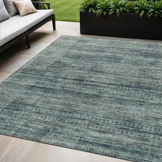 Teal Blue And Ivory Striped Washable Indoor Outdoor Area Rug Photo 2