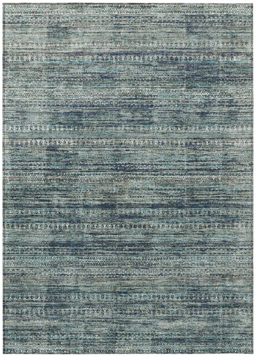 Teal Blue And Ivory Striped Washable Indoor Outdoor Area Rug Photo 7