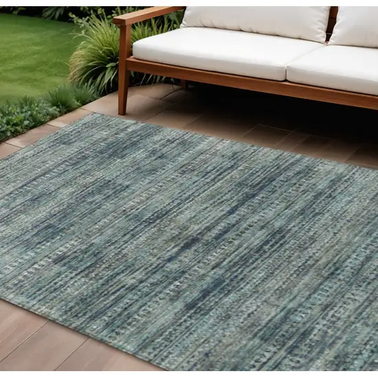 Teal Blue And Ivory Striped Washable Indoor Outdoor Area Rug Photo 2