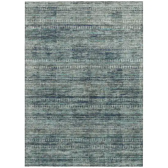 Teal Blue And Ivory Striped Washable Indoor Outdoor Area Rug Photo 9
