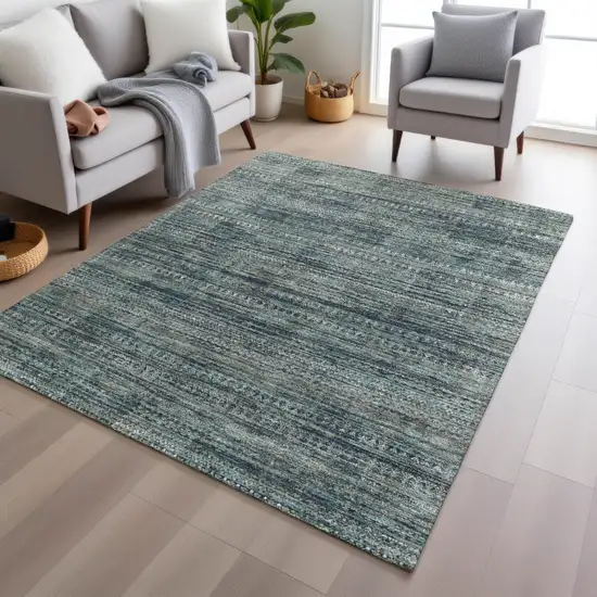 Teal Blue And Ivory Striped Washable Indoor Outdoor Area Rug Photo 5