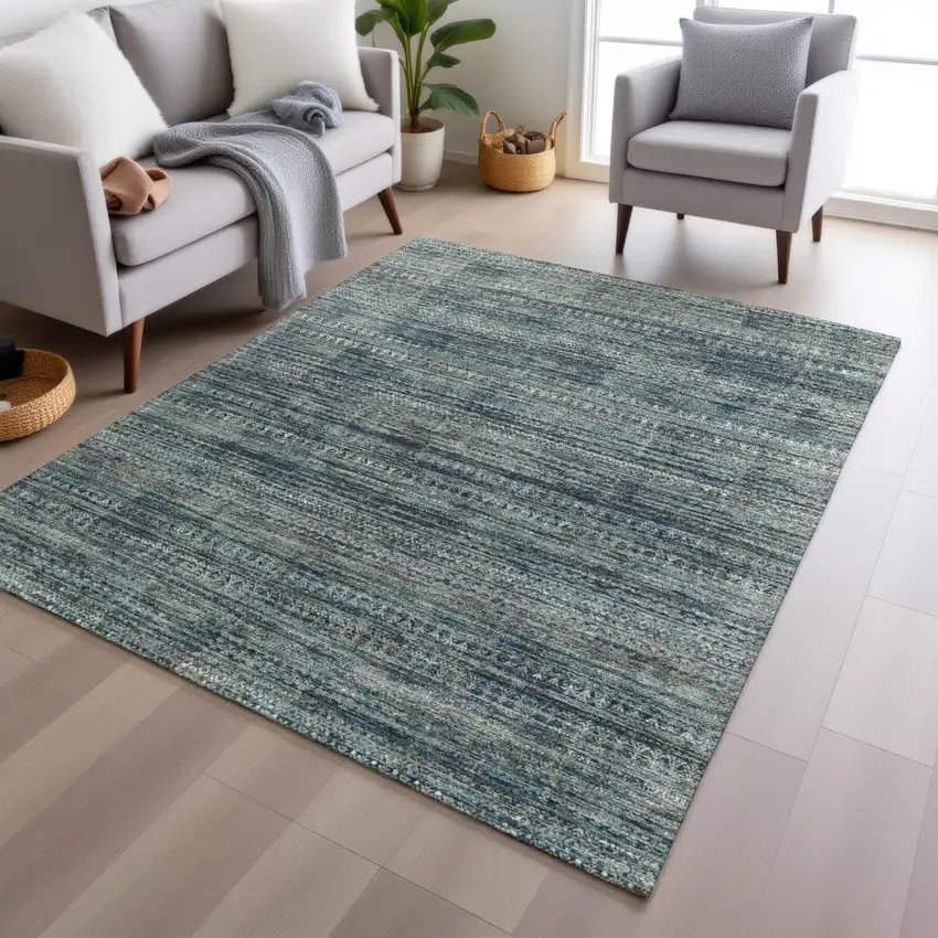 Teal Blue And Ivory Striped Washable Indoor Outdoor Area Rug Photo 5