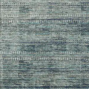 Photo of Teal Blue And Ivory Striped Washable Indoor Outdoor Area Rug