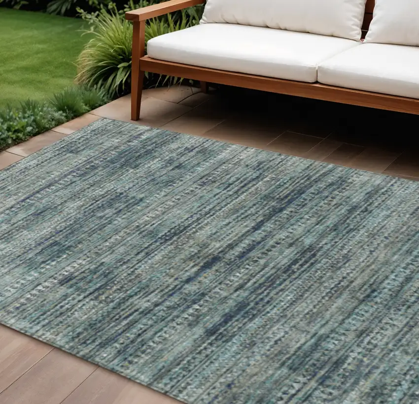 Teal Blue And Ivory Striped Washable Indoor Outdoor Area Rug Photo 2