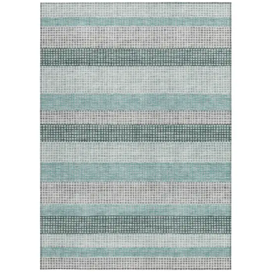 Teal Blue And Ivory Striped Washable Indoor Outdoor Area Rug Photo 6