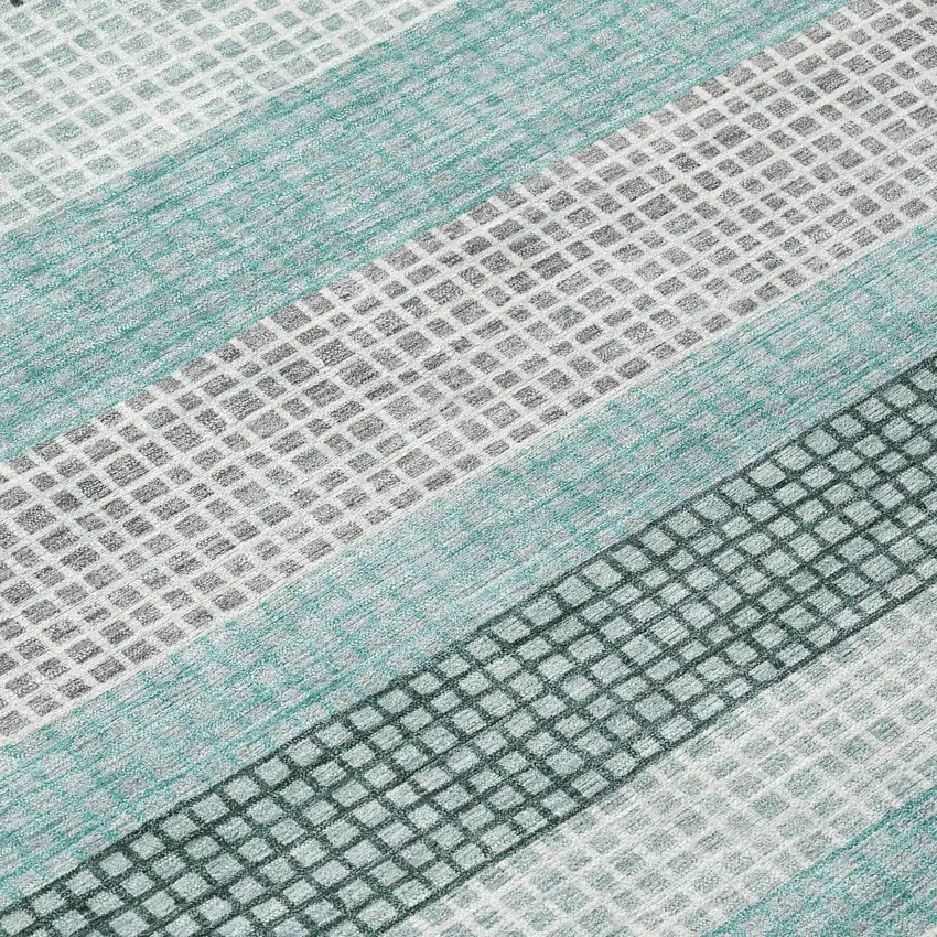 Teal Blue And Ivory Striped Washable Indoor Outdoor Area Rug Photo 9