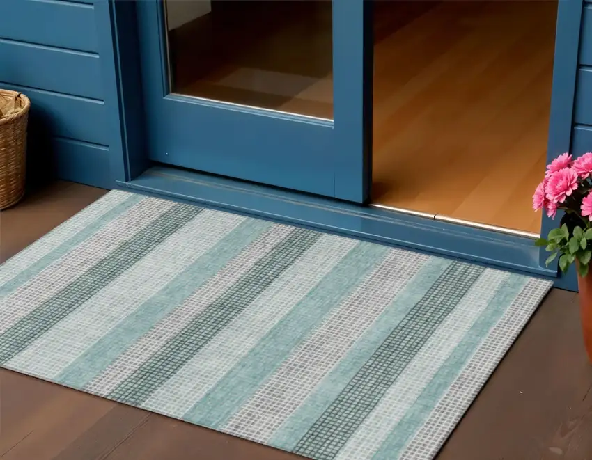 Teal Blue And Ivory Striped Washable Indoor Outdoor Area Rug Photo 2