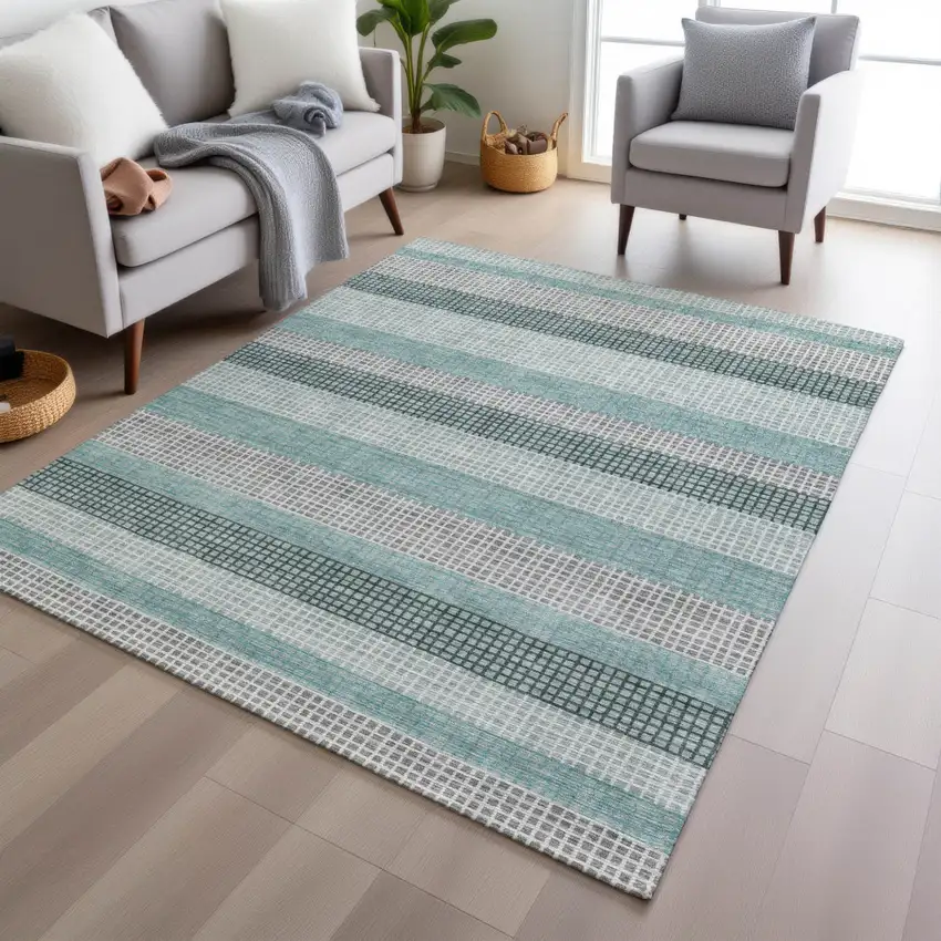 Teal Blue And Ivory Striped Washable Indoor Outdoor Area Rug Photo 6
