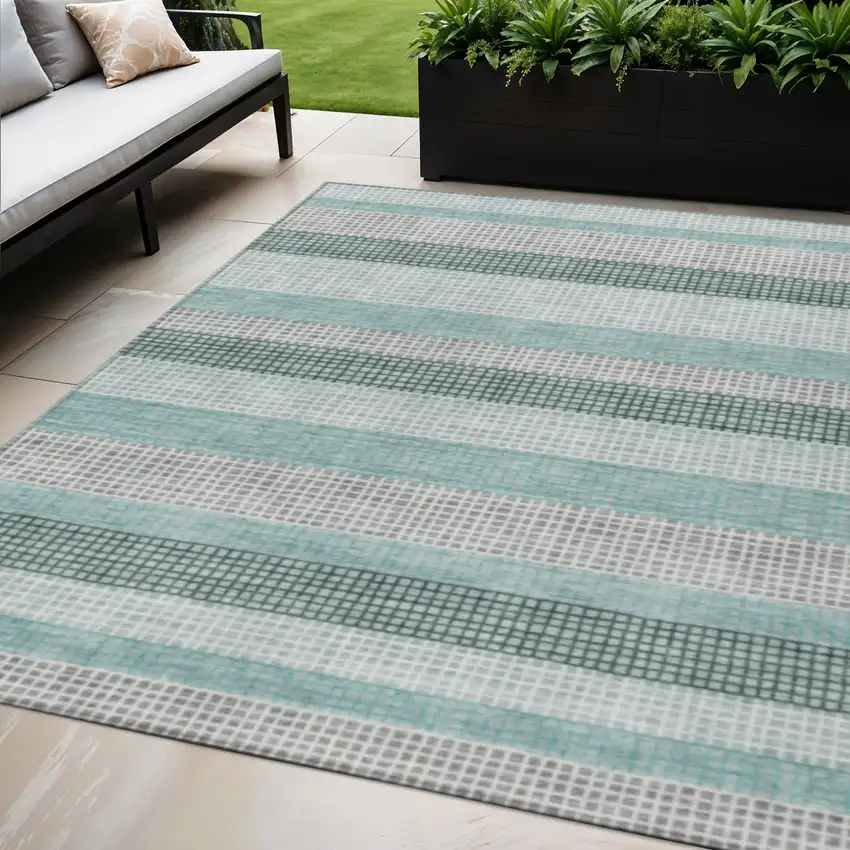 Teal Blue And Ivory Striped Washable Indoor Outdoor Area Rug Photo 2