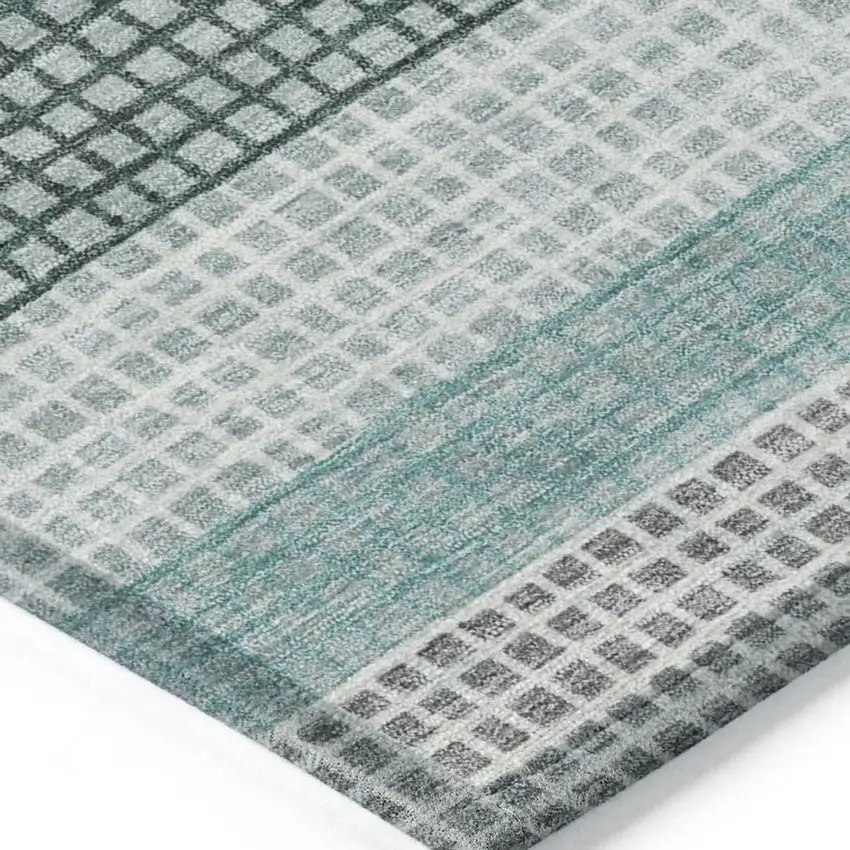 Teal Blue And Ivory Striped Washable Indoor Outdoor Area Rug Photo 3