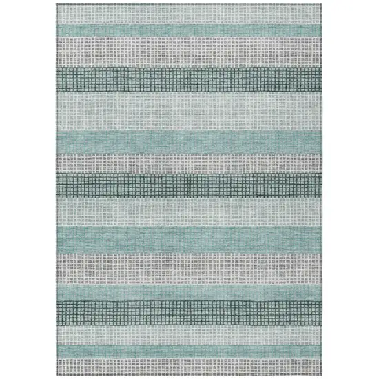 Teal Blue And Ivory Striped Washable Indoor Outdoor Area Rug Photo 9