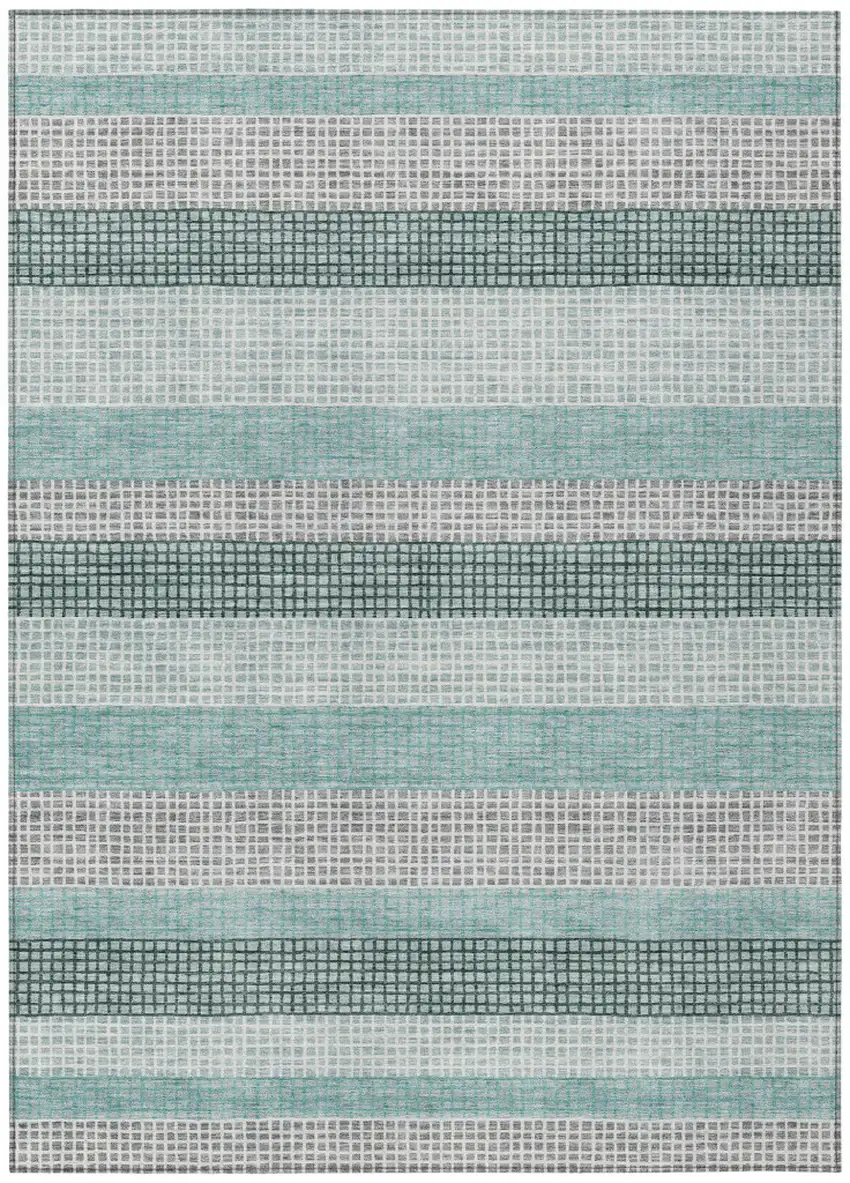 Teal Blue And Ivory Striped Washable Indoor Outdoor Area Rug Photo 9