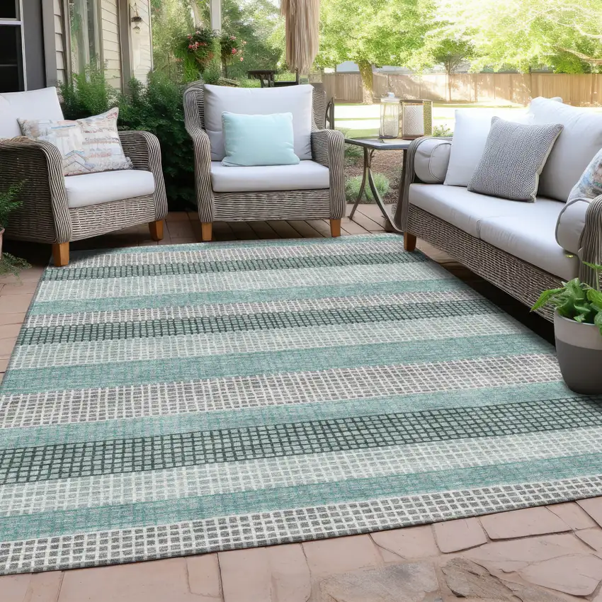 Teal Blue And Ivory Striped Washable Indoor Outdoor Area Rug Photo 5