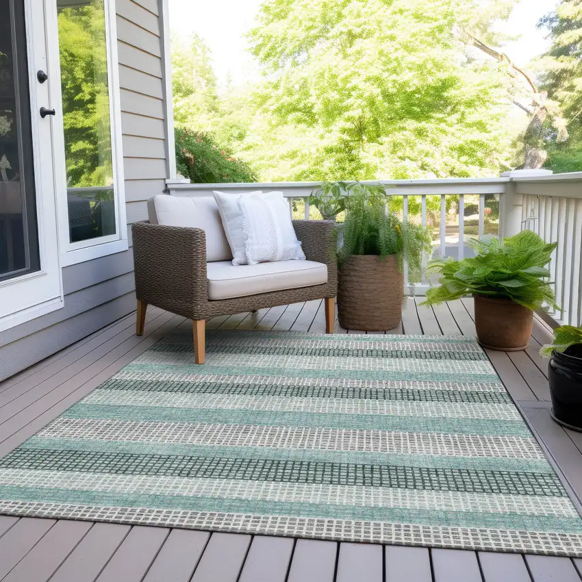 Teal Blue And Ivory Striped Washable Indoor Outdoor Area Rug Photo 8