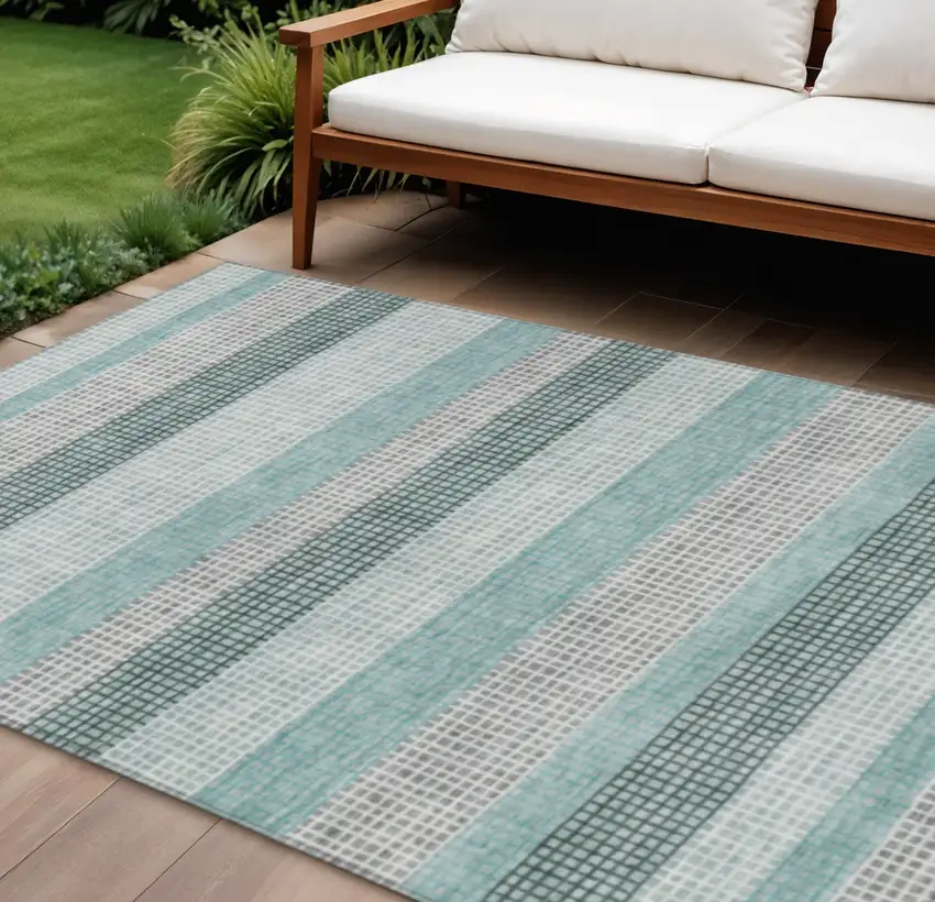 Teal Blue And Ivory Striped Washable Indoor Outdoor Area Rug Photo 2