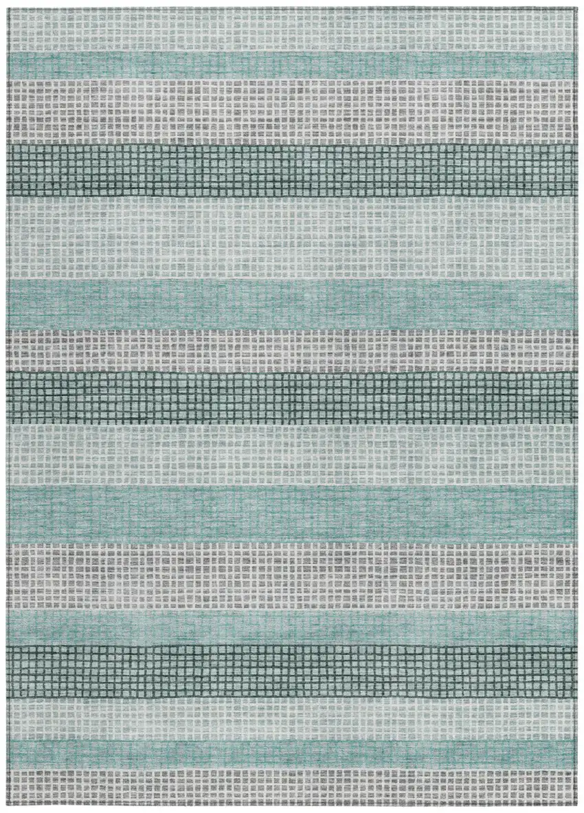 Teal Blue And Ivory Striped Washable Indoor Outdoor Area Rug Photo 6