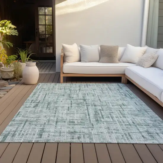 Teal Blue And Ivory Striped Washable Indoor Outdoor Area Rug Photo 6