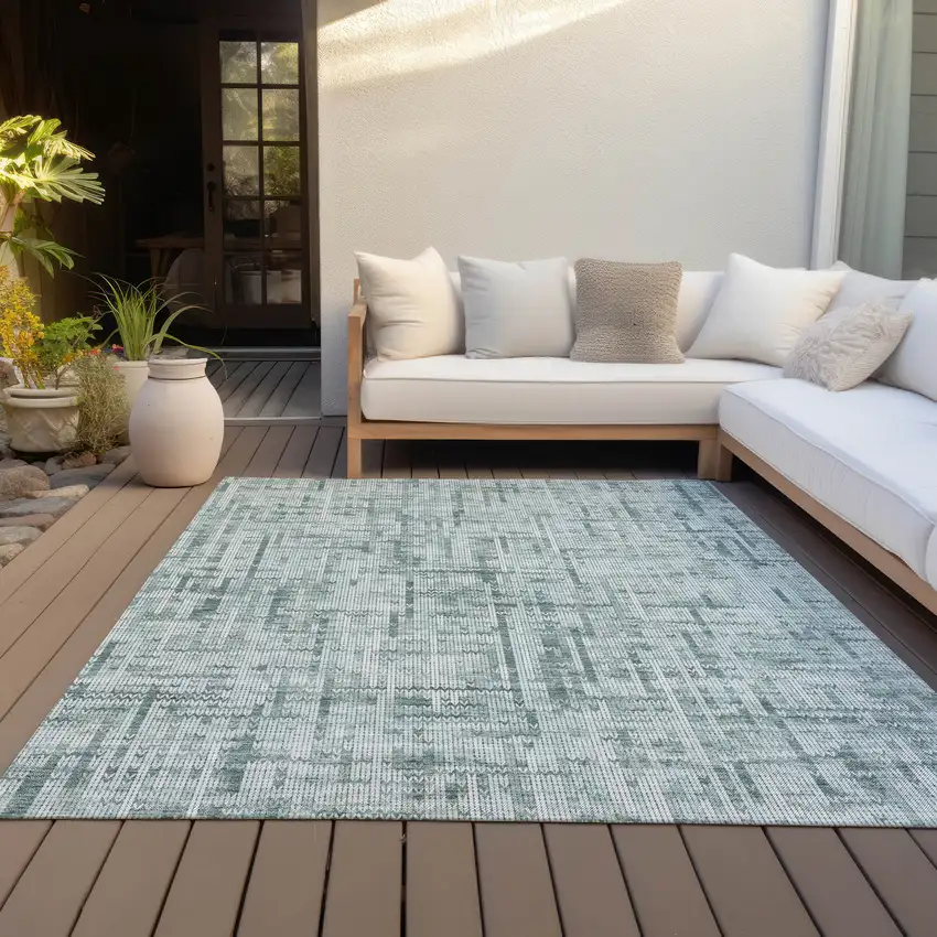 Teal Blue And Ivory Striped Washable Indoor Outdoor Area Rug Photo 6