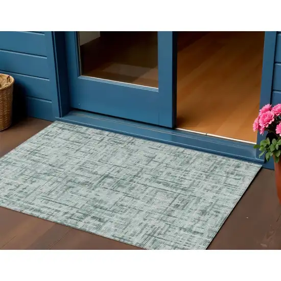 Teal Blue And Ivory Striped Washable Indoor Outdoor Area Rug Photo 2