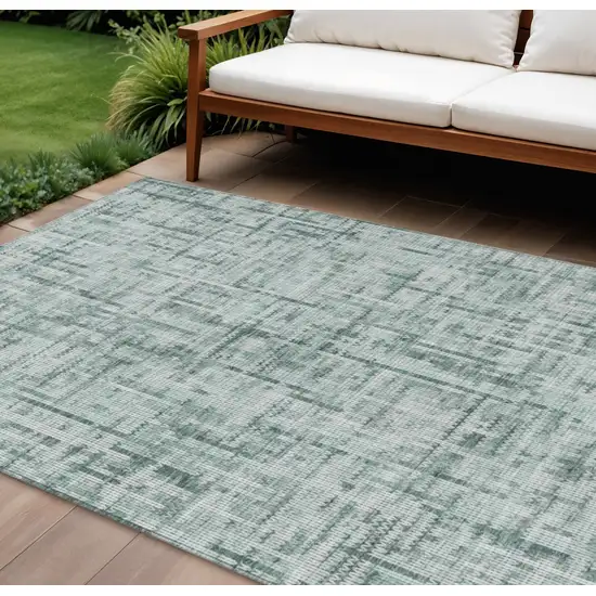Teal Blue And Ivory Striped Washable Indoor Outdoor Area Rug Photo 2