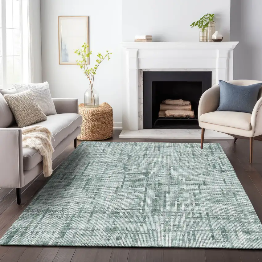 Teal Blue And Ivory Striped Washable Indoor Outdoor Area Rug Photo 6